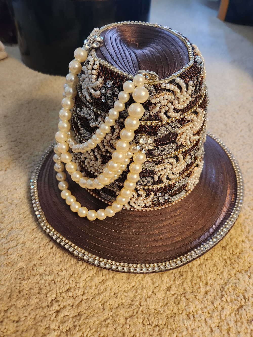 Donna Vinci Couture Brown Pearl Rhinestone Church Hat Style 8769